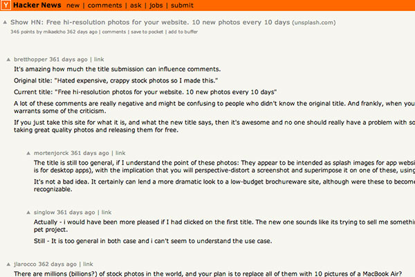 The original Hacker News thread + Unsplash